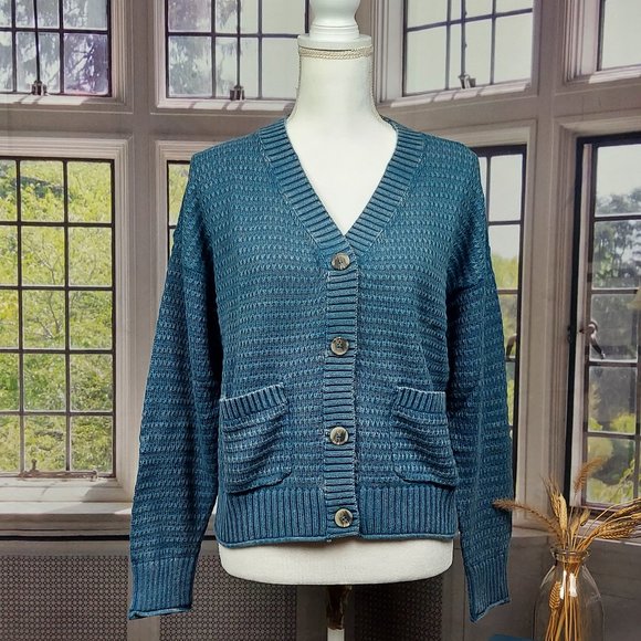 NWT SONOMA CROPPED BUTTON-UP CARDIGAN (WASHED BLUE / XL) - Picture 4 of 14